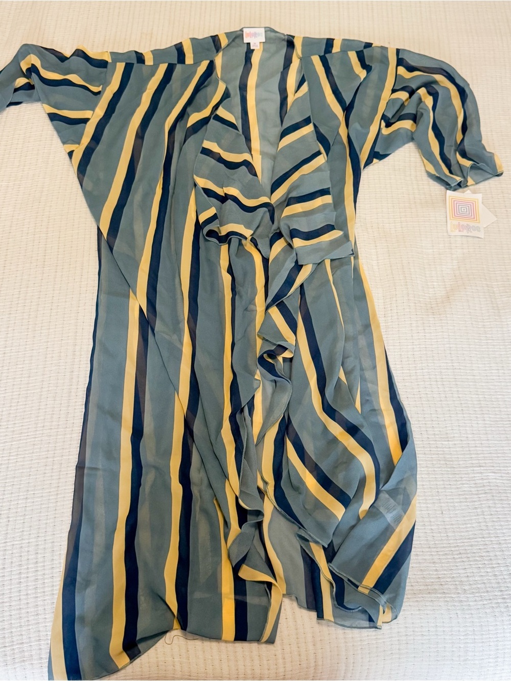 LuLaRoe Striped Shirley kimono Open-Front Duster in Teal, Navy & Mustard